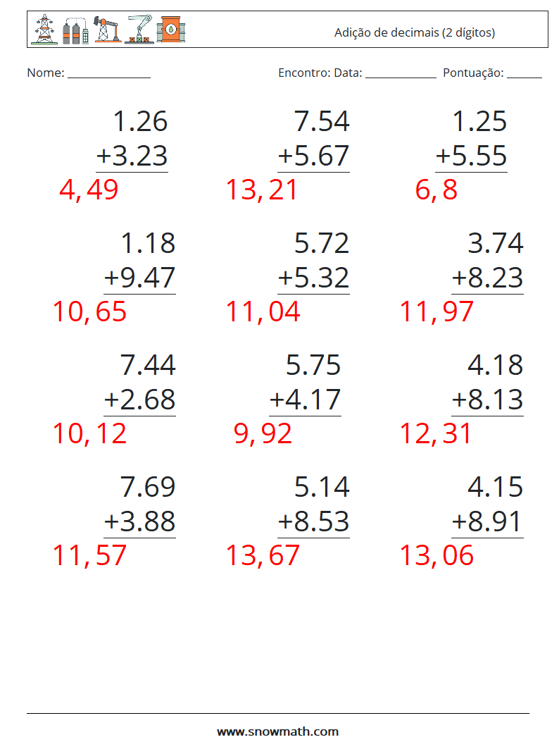 (12) Adição de decimais (2 dígitos) planilhas matemáticas 17 Pergunta, Resposta