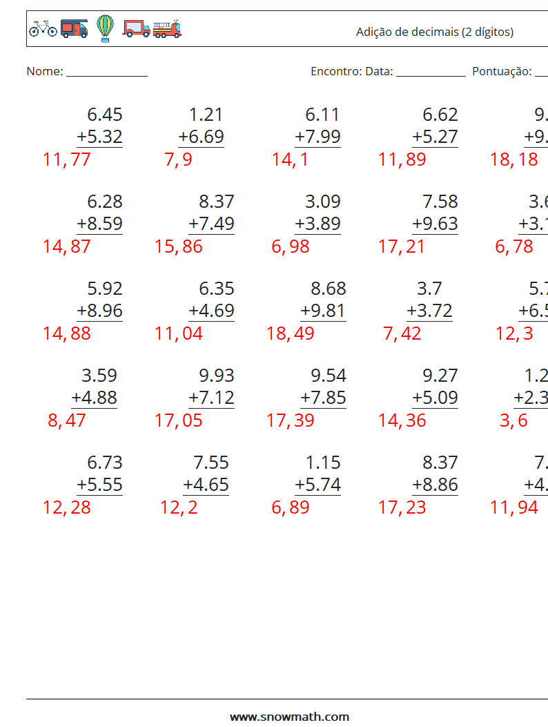 (25) Adição de decimais (2 dígitos) planilhas matemáticas 13 Pergunta, Resposta