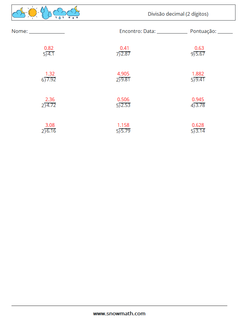 (12) Divisão decimal (2 dígitos) planilhas matemáticas 14 Pergunta, Resposta