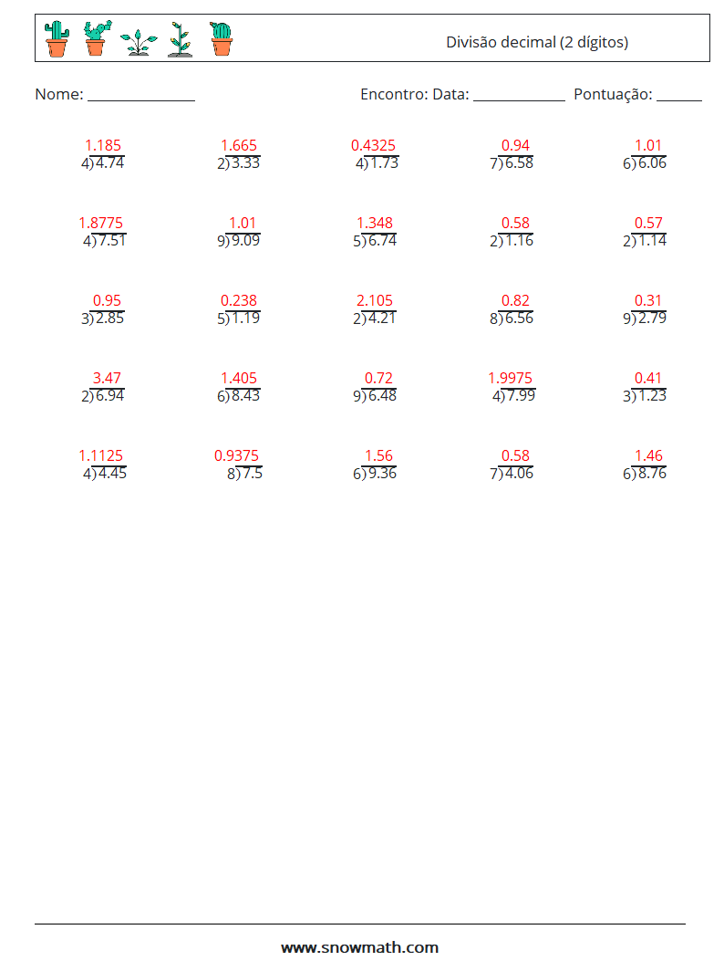 (25) Divisão decimal (2 dígitos) planilhas matemáticas 16 Pergunta, Resposta