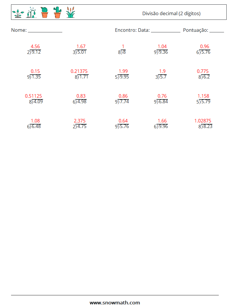 (25) Divisão decimal (2 dígitos) planilhas matemáticas 18 Pergunta, Resposta