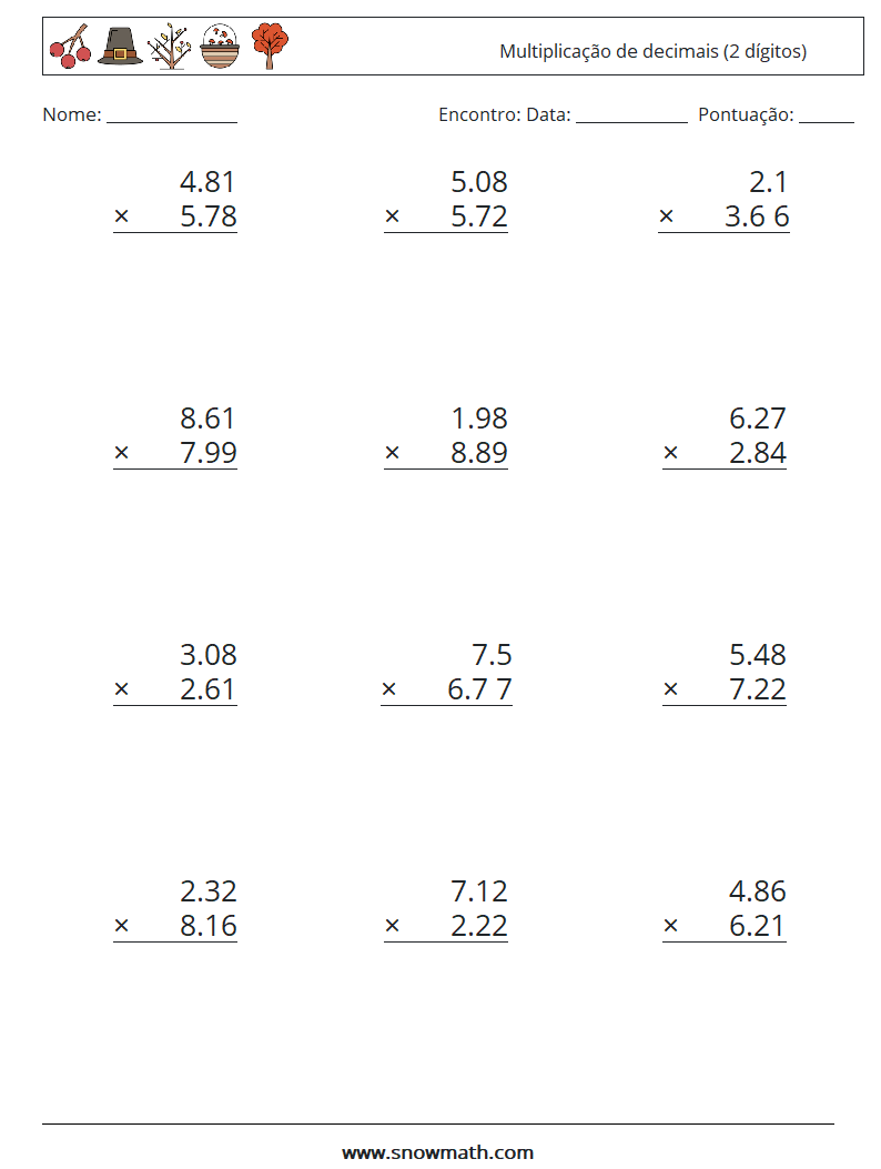 (12) Multiplicação de decimais (2 dígitos) planilhas matemáticas 10