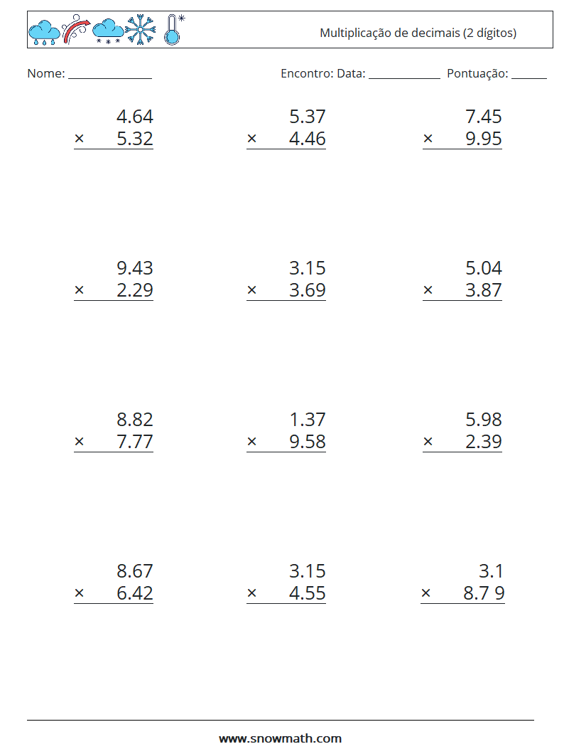 (12) Multiplicação de decimais (2 dígitos) planilhas matemáticas 13