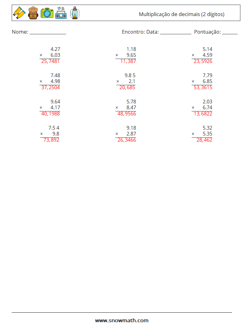 (12) Multiplicação de decimais (2 dígitos) planilhas matemáticas 15 Pergunta, Resposta