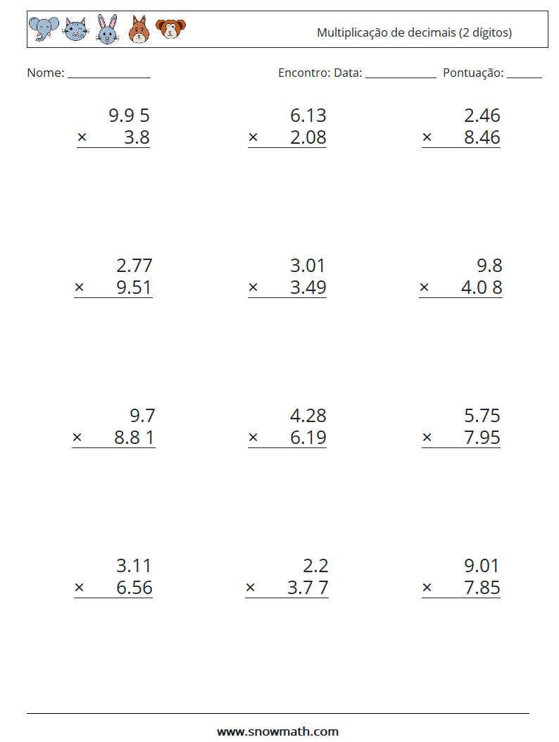 (12) Multiplicação de decimais (2 dígitos) planilhas matemáticas 16
