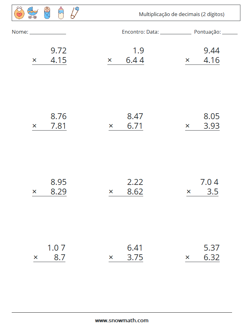 (12) Multiplicação de decimais (2 dígitos) planilhas matemáticas 17