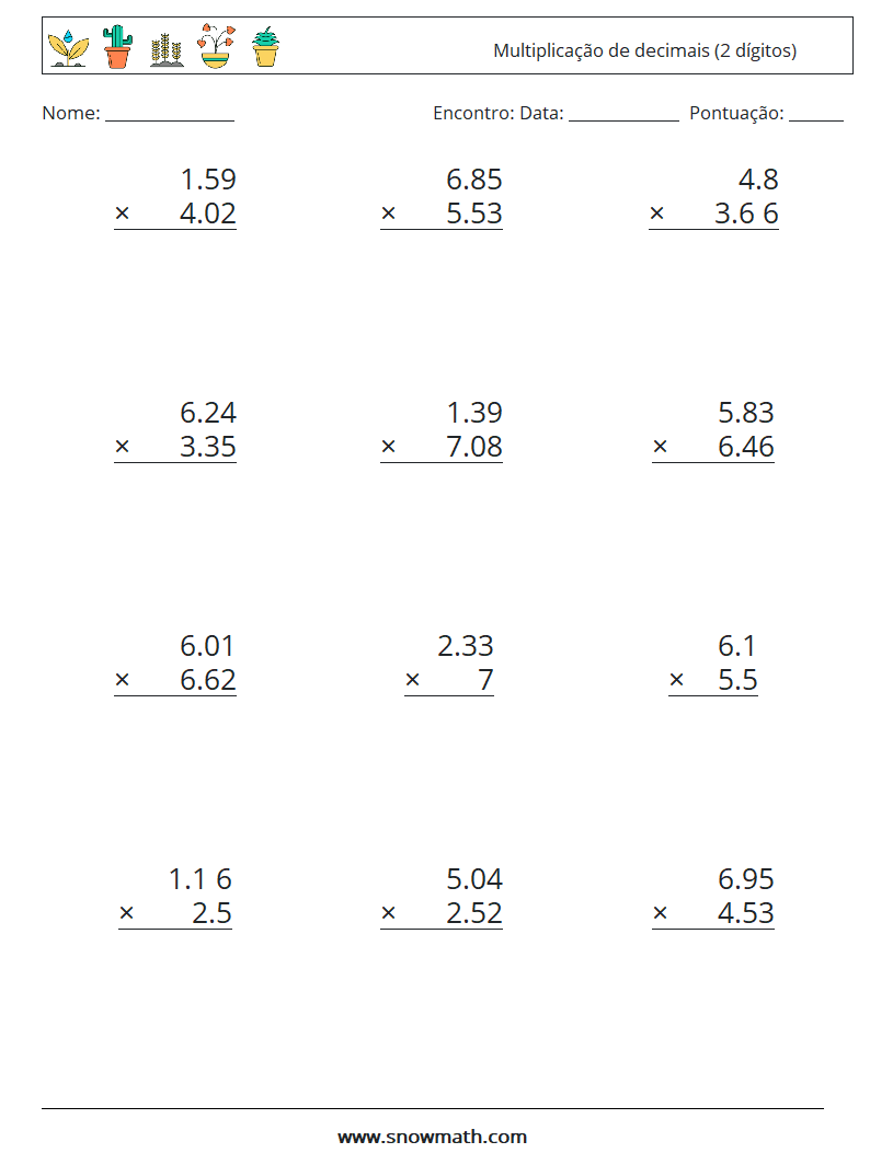 (12) Multiplicação de decimais (2 dígitos) planilhas matemáticas 18
