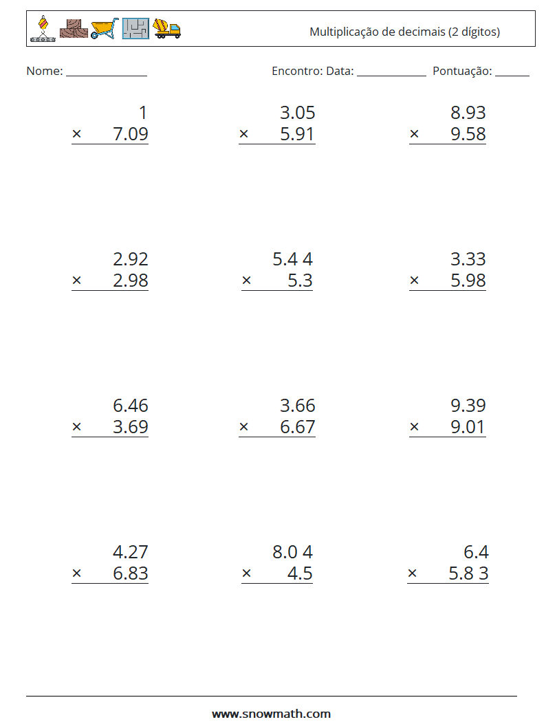(12) Multiplicação de decimais (2 dígitos) planilhas matemáticas 4