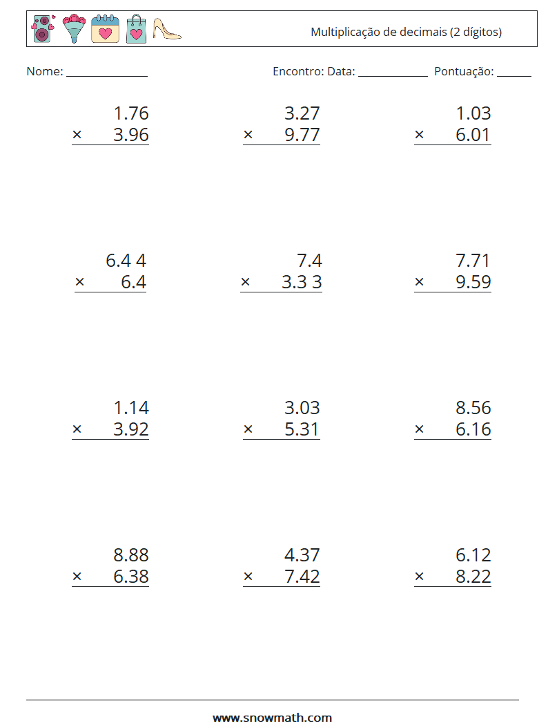 (12) Multiplicação de decimais (2 dígitos) planilhas matemáticas 5