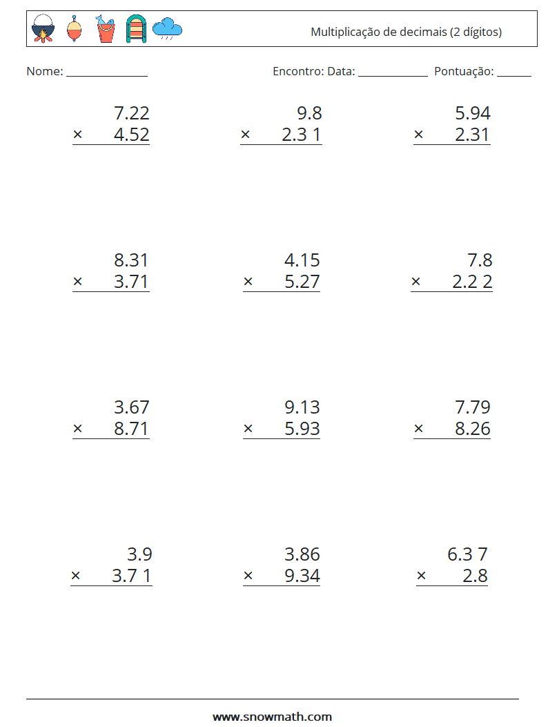 (12) Multiplicação de decimais (2 dígitos) planilhas matemáticas 6