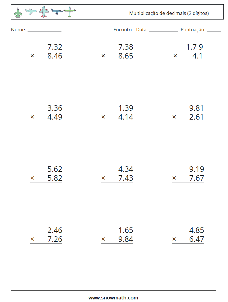 (12) Multiplicação de decimais (2 dígitos) planilhas matemáticas 8