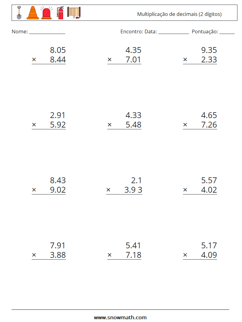 (12) Multiplicação de decimais (2 dígitos) planilhas matemáticas 9