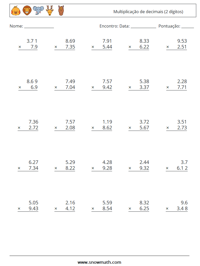(25) Multiplicação de decimais (2 dígitos) planilhas matemáticas 10