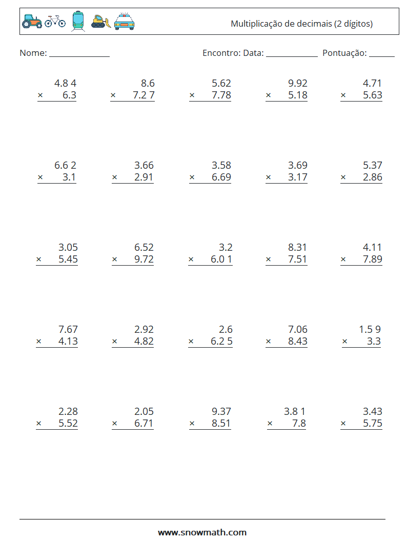 (25) Multiplicação de decimais (2 dígitos) planilhas matemáticas 13
