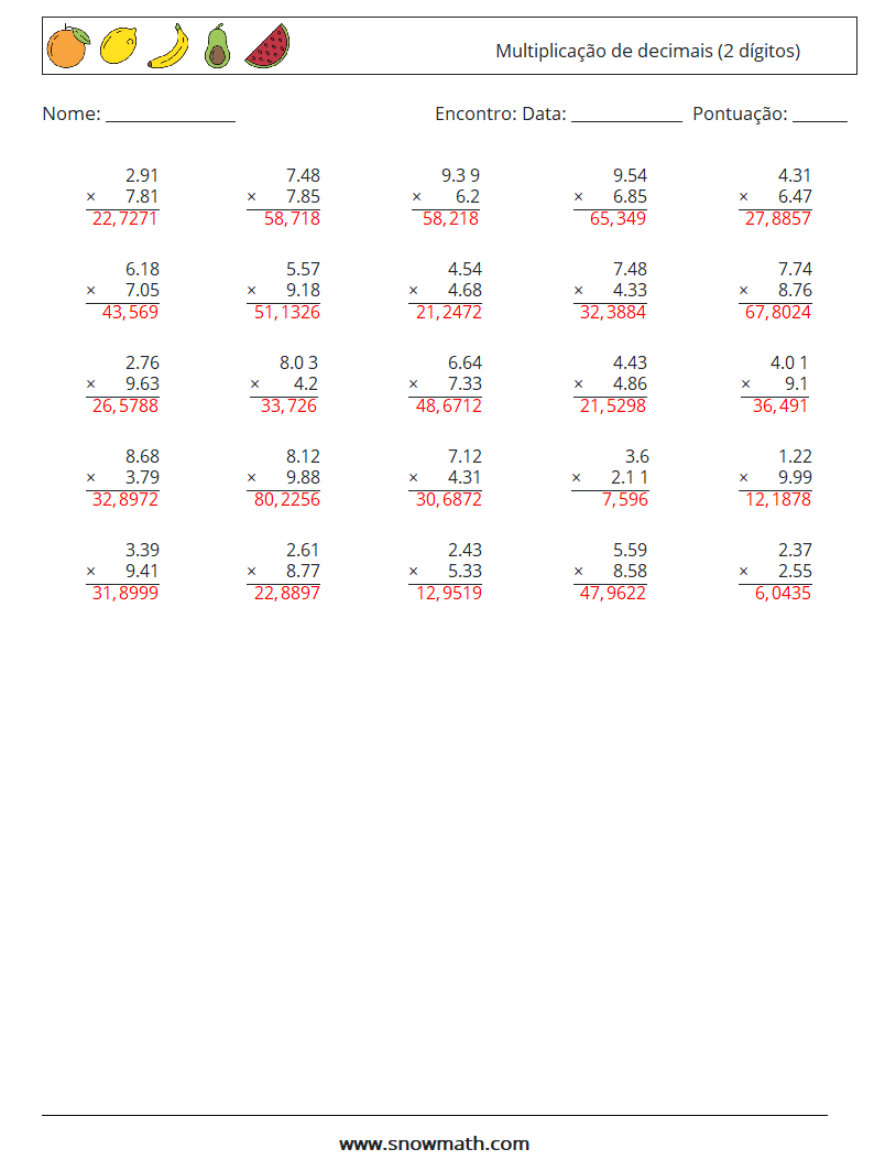 (25) Multiplicação de decimais (2 dígitos) planilhas matemáticas 14 Pergunta, Resposta