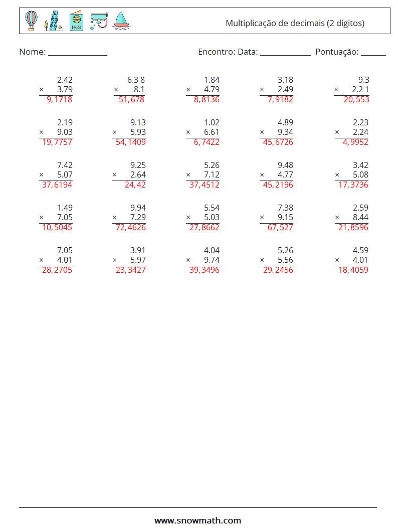 (25) Multiplicação de decimais (2 dígitos) planilhas matemáticas 16 Pergunta, Resposta