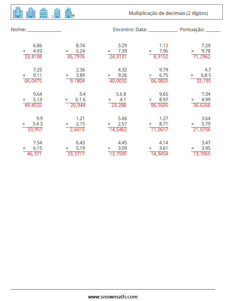 (25) Multiplicação de decimais (2 dígitos) planilhas matemáticas 17 Pergunta, Resposta