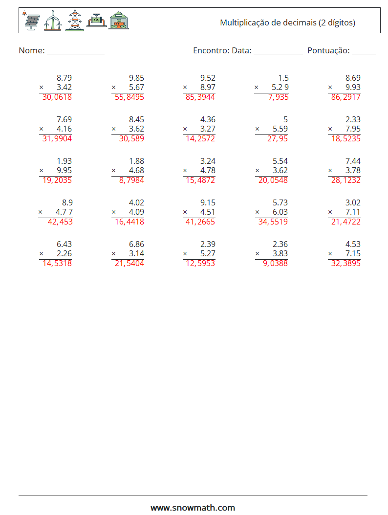 (25) Multiplicação de decimais (2 dígitos) planilhas matemáticas 18 Pergunta, Resposta