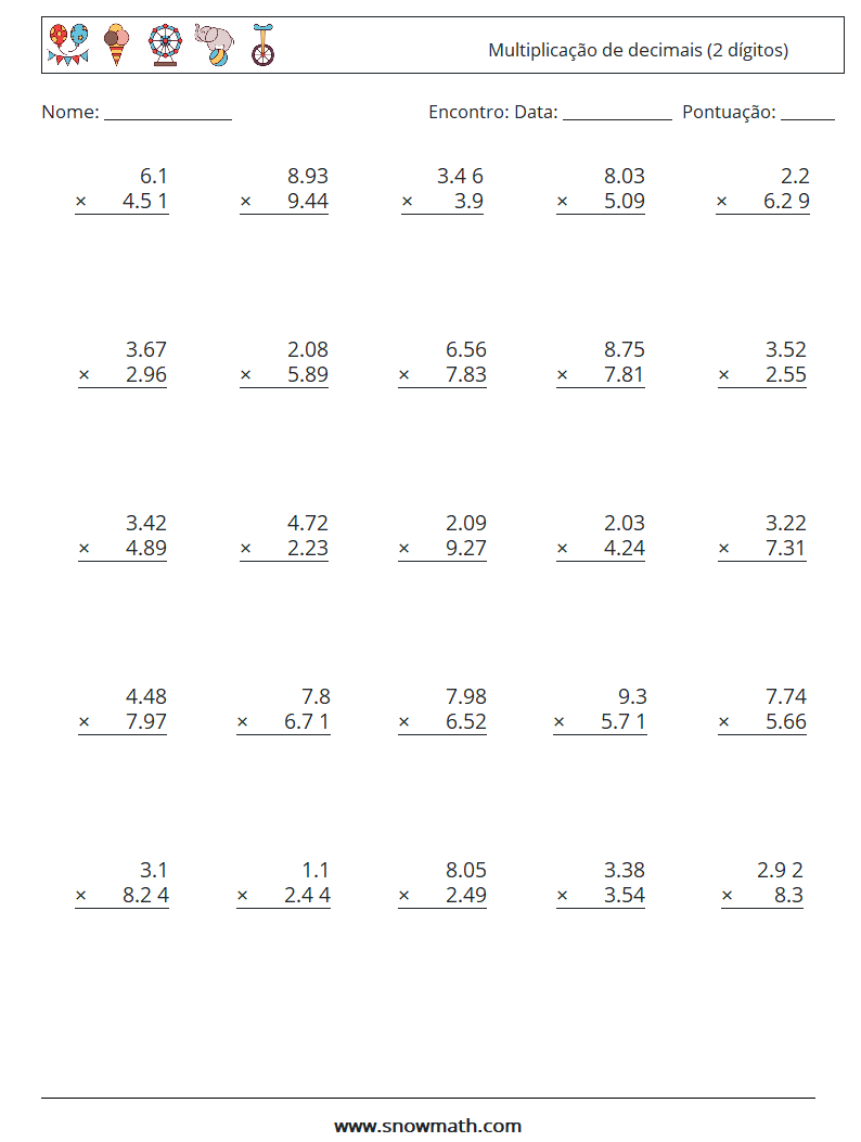 (25) Multiplicação de decimais (2 dígitos) planilhas matemáticas 6
