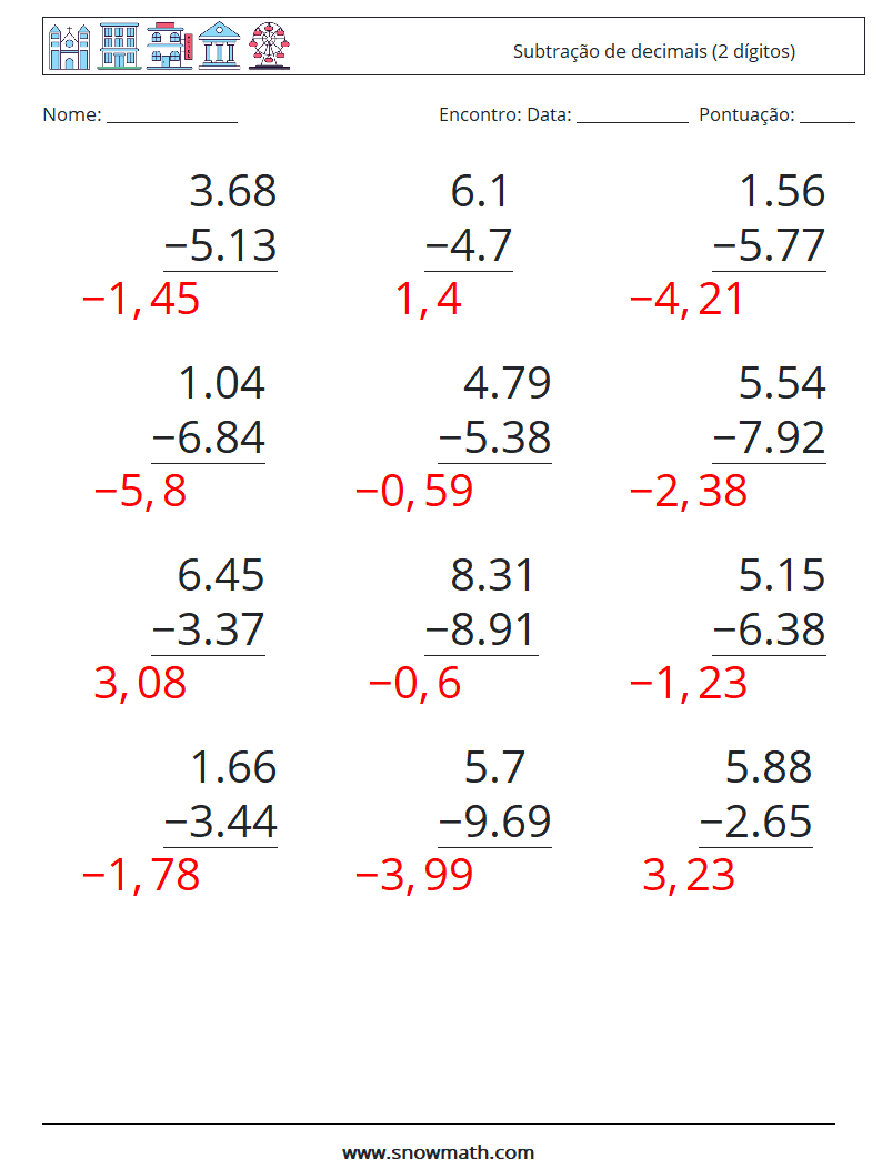 (12) Subtração de decimais (2 dígitos) planilhas matemáticas 11 Pergunta, Resposta