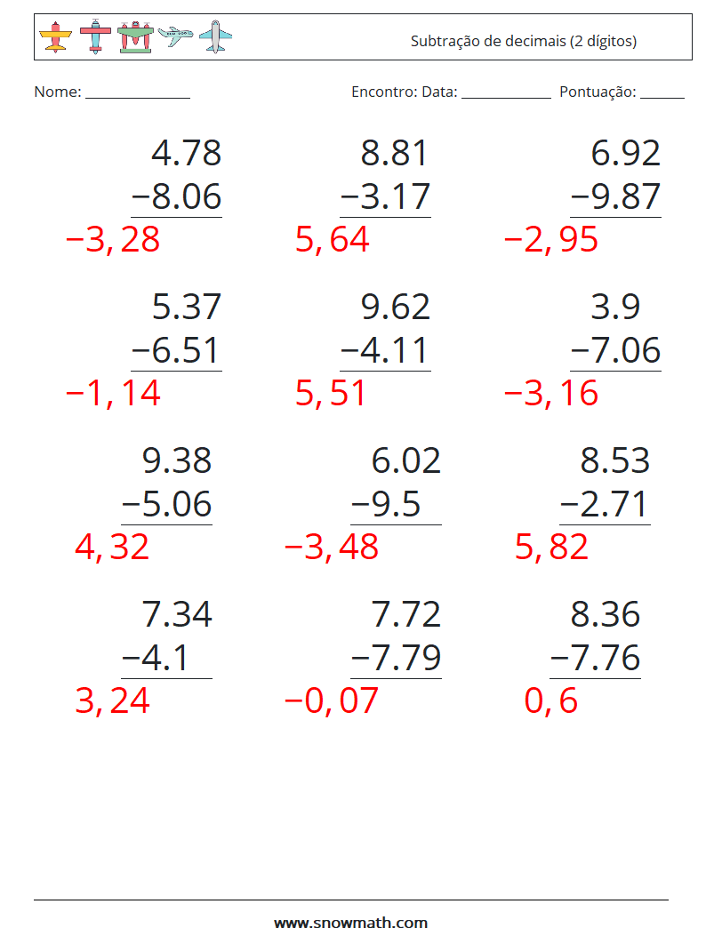 (12) Subtração de decimais (2 dígitos) planilhas matemáticas 12 Pergunta, Resposta