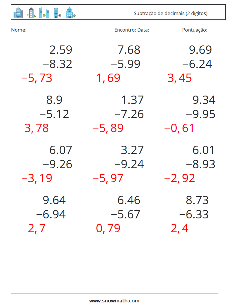 (12) Subtração de decimais (2 dígitos) planilhas matemáticas 13 Pergunta, Resposta
