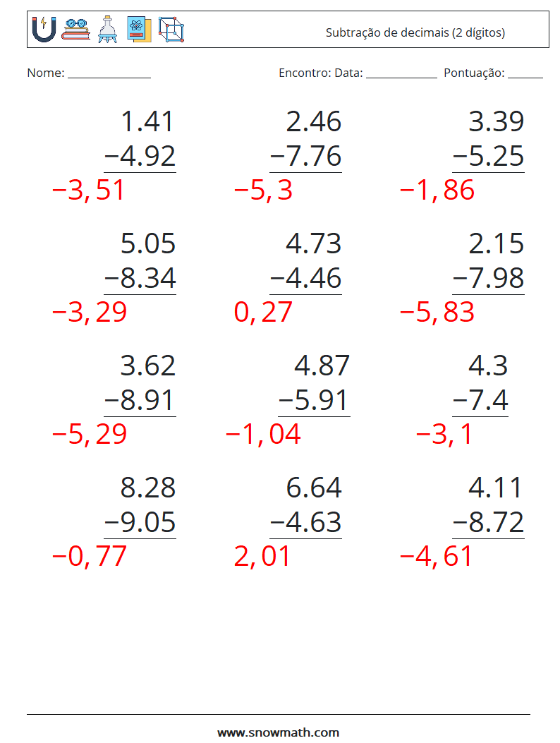 (12) Subtração de decimais (2 dígitos) planilhas matemáticas 17 Pergunta, Resposta