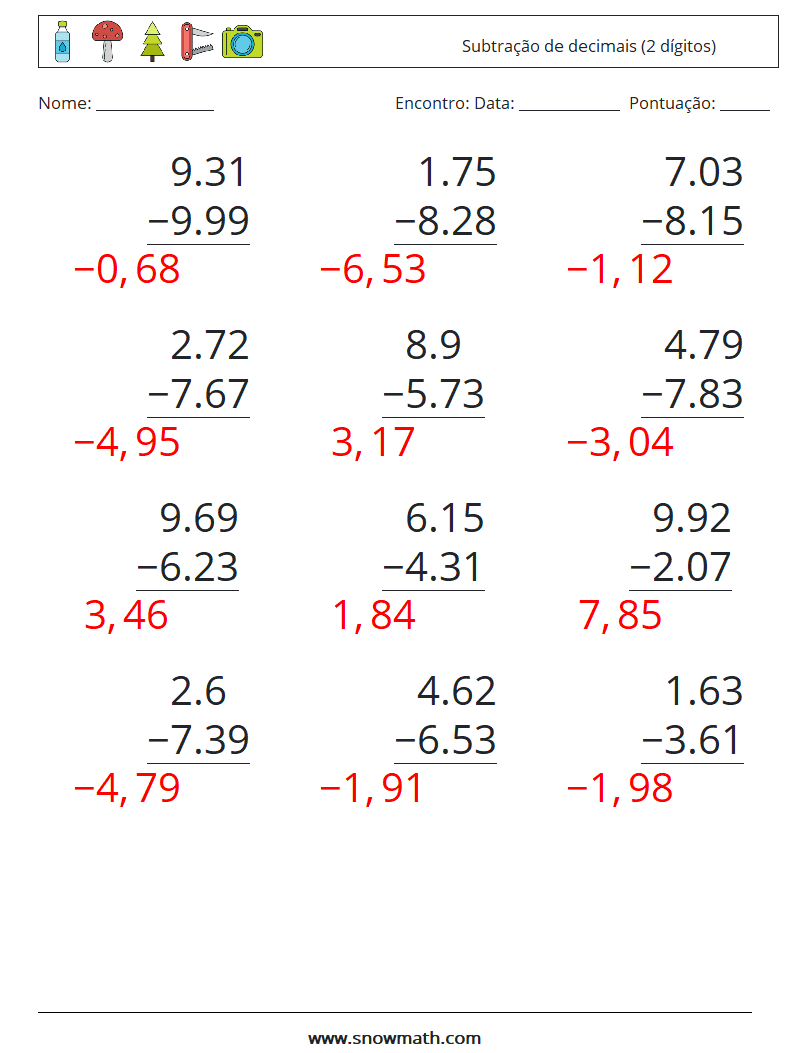 (12) Subtração de decimais (2 dígitos) planilhas matemáticas 18 Pergunta, Resposta