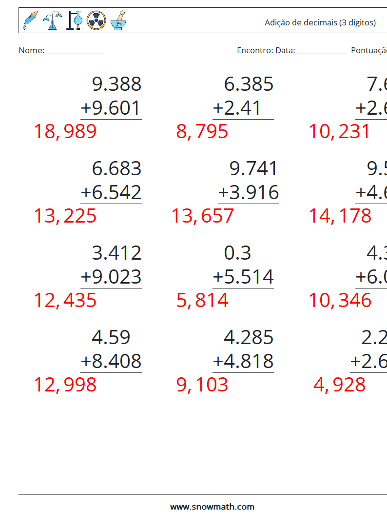 (12) Adição de decimais (3 dígitos) planilhas matemáticas 10 Pergunta, Resposta