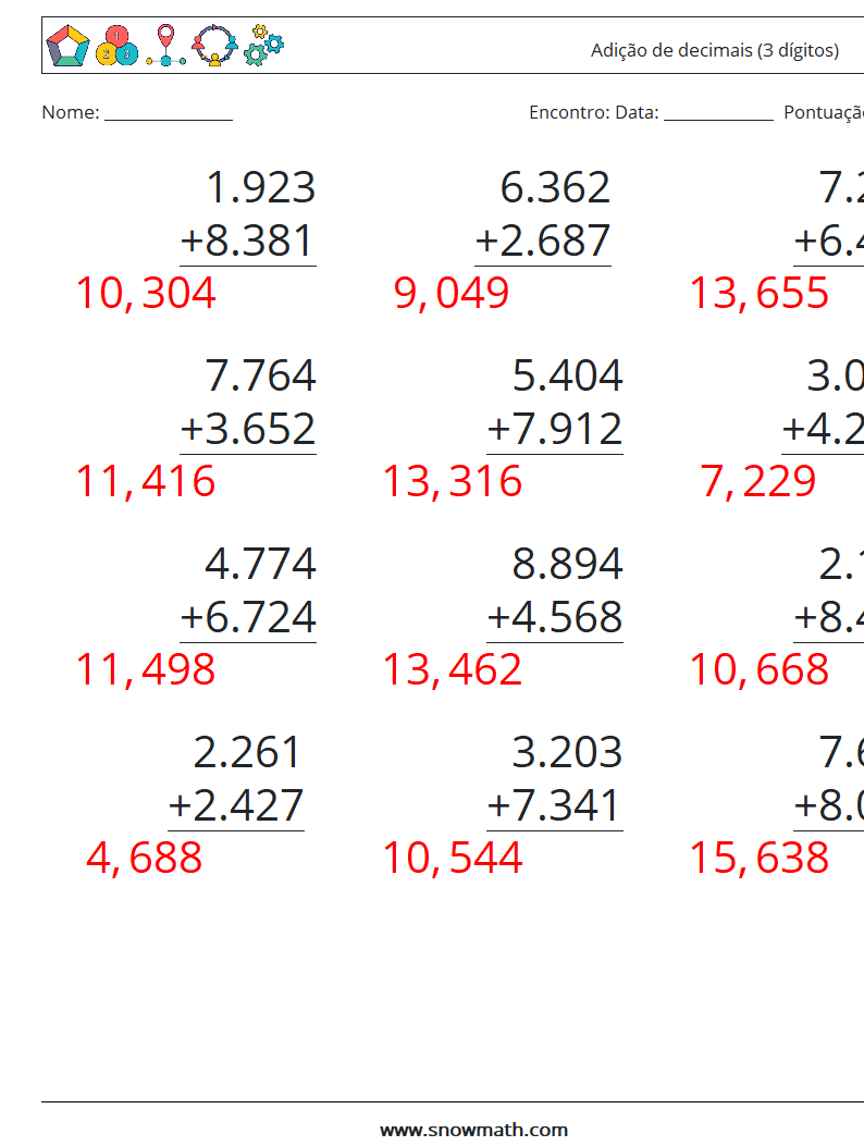 (12) Adição de decimais (3 dígitos) planilhas matemáticas 12 Pergunta, Resposta