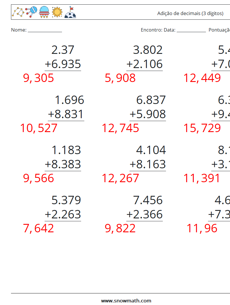 (12) Adição de decimais (3 dígitos) planilhas matemáticas 18 Pergunta, Resposta