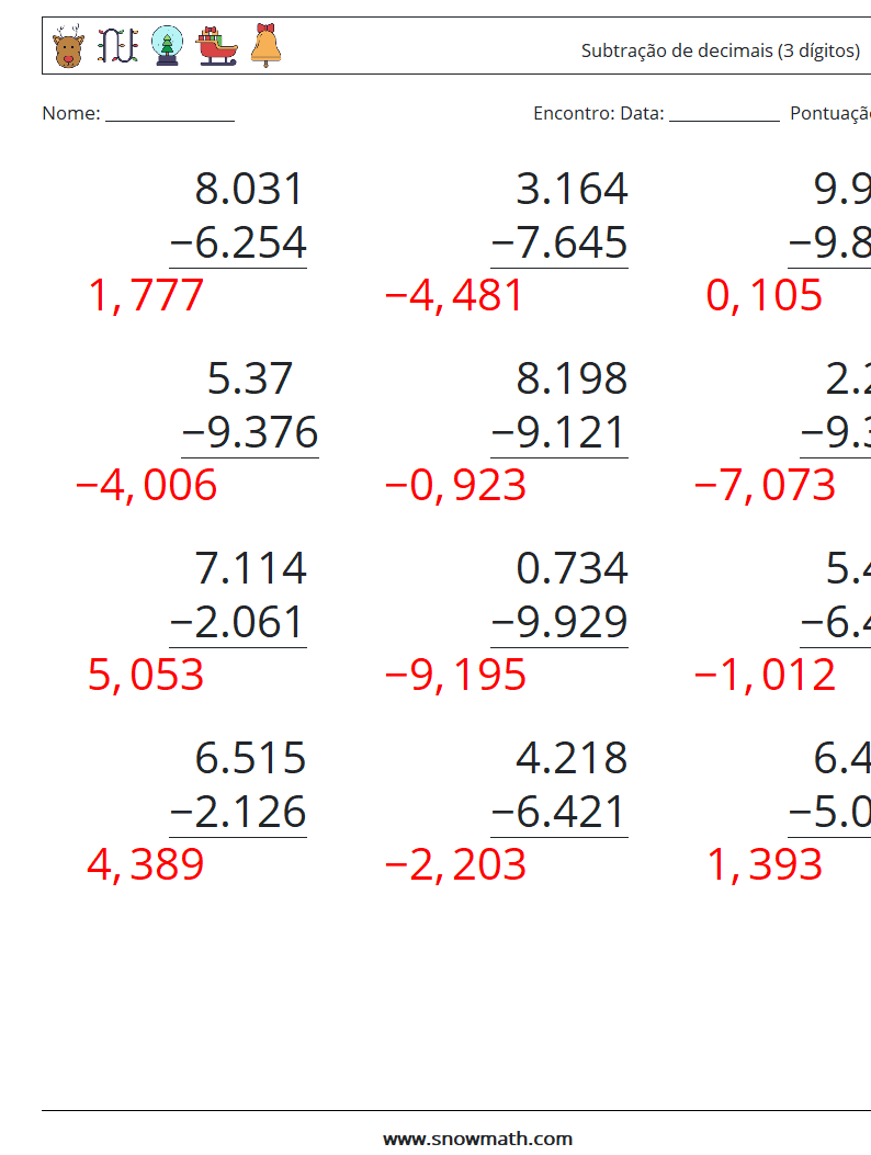 (12) Subtração de decimais (3 dígitos) planilhas matemáticas 10 Pergunta, Resposta