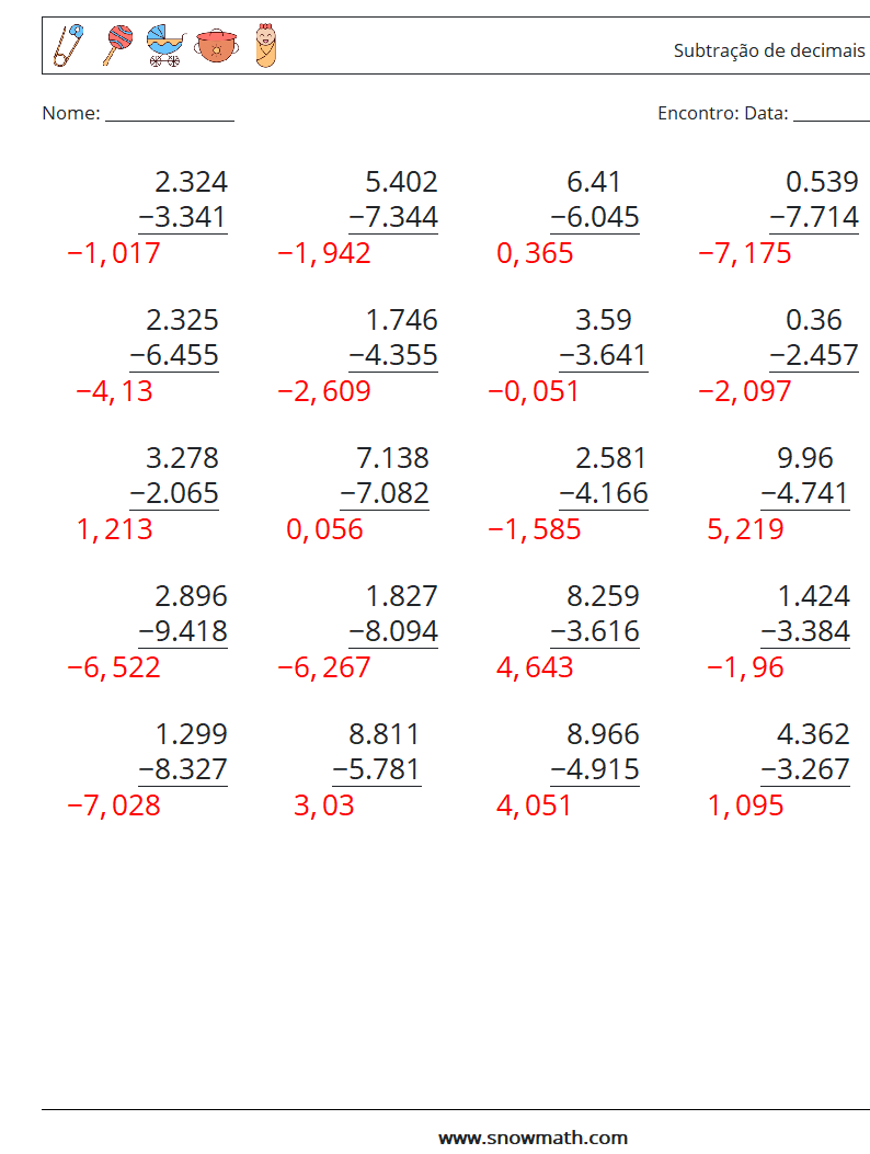 (25) Subtração de decimais (3 dígitos) planilhas matemáticas 10 Pergunta, Resposta