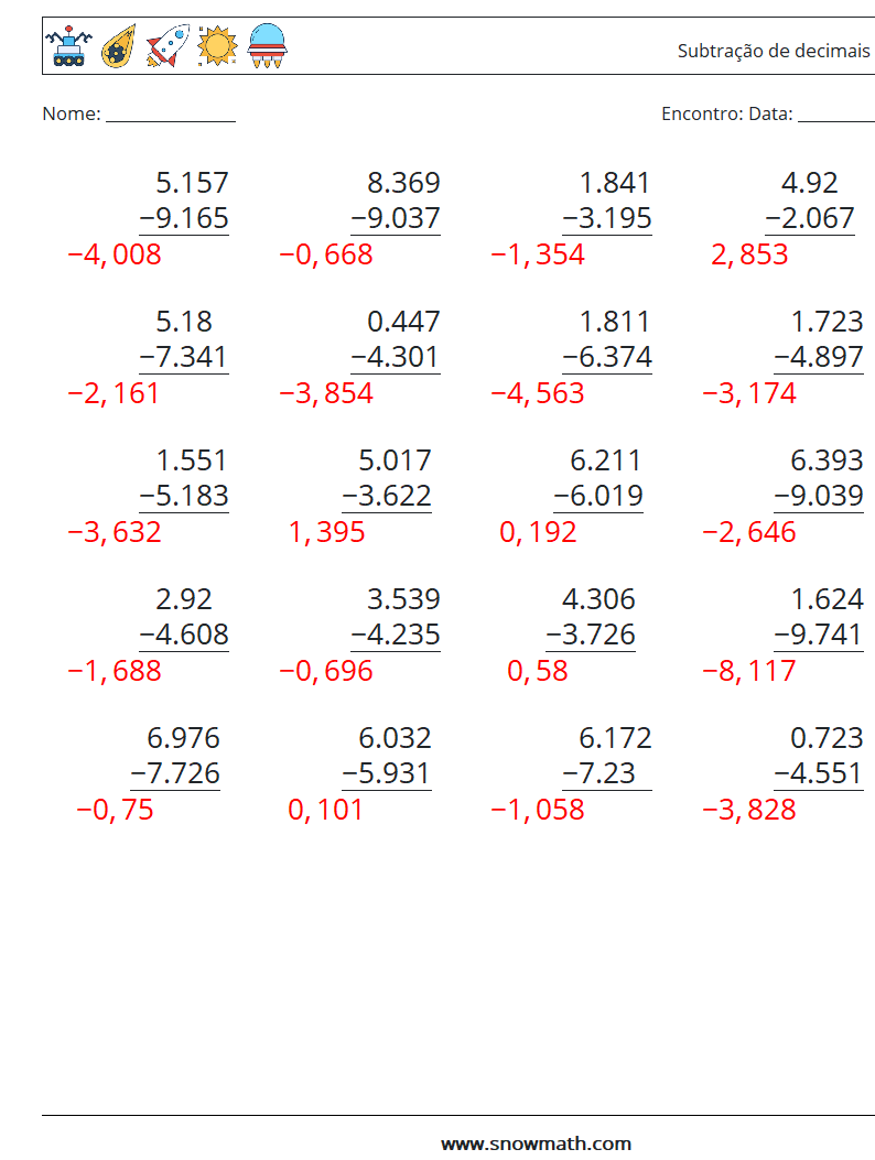 (25) Subtração de decimais (3 dígitos) planilhas matemáticas 11 Pergunta, Resposta