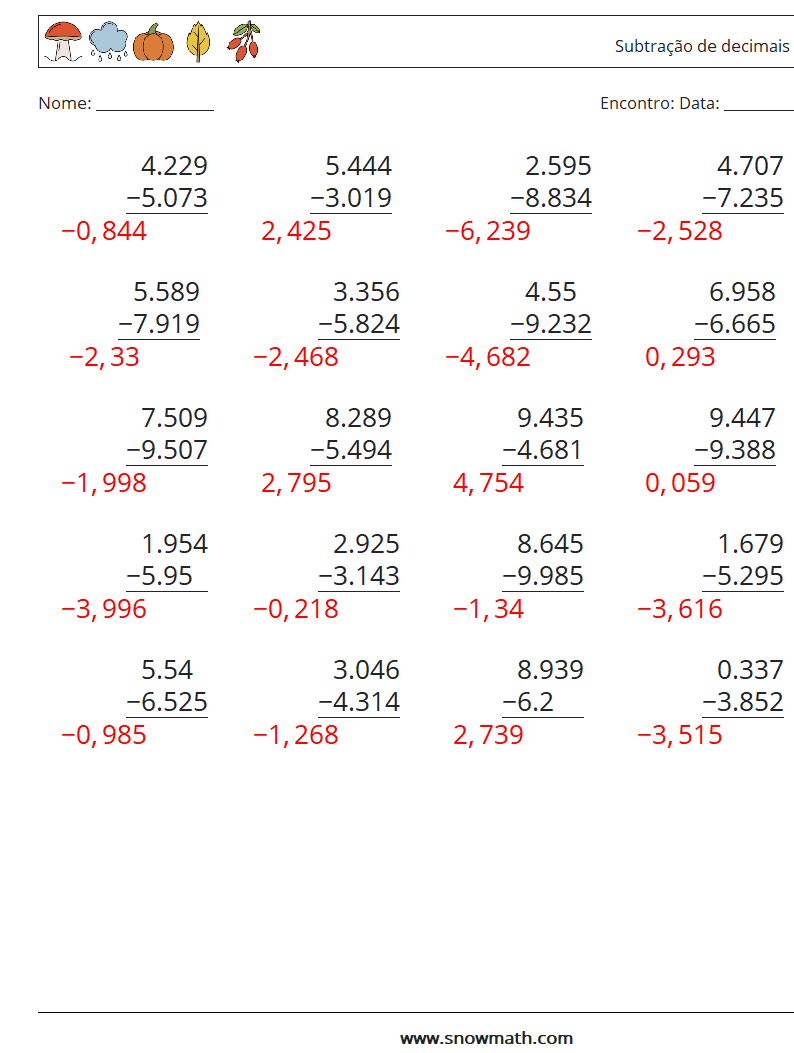 (25) Subtração de decimais (3 dígitos) planilhas matemáticas 13 Pergunta, Resposta