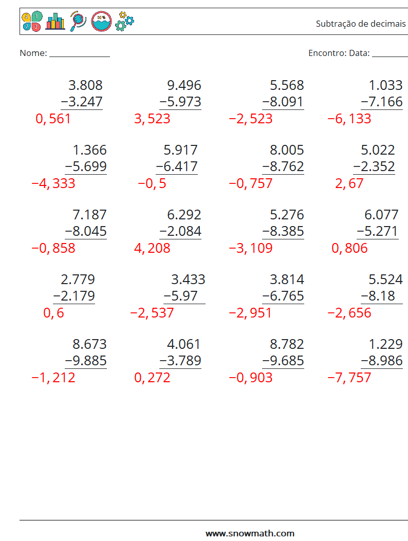 (25) Subtração de decimais (3 dígitos) planilhas matemáticas 16 Pergunta, Resposta