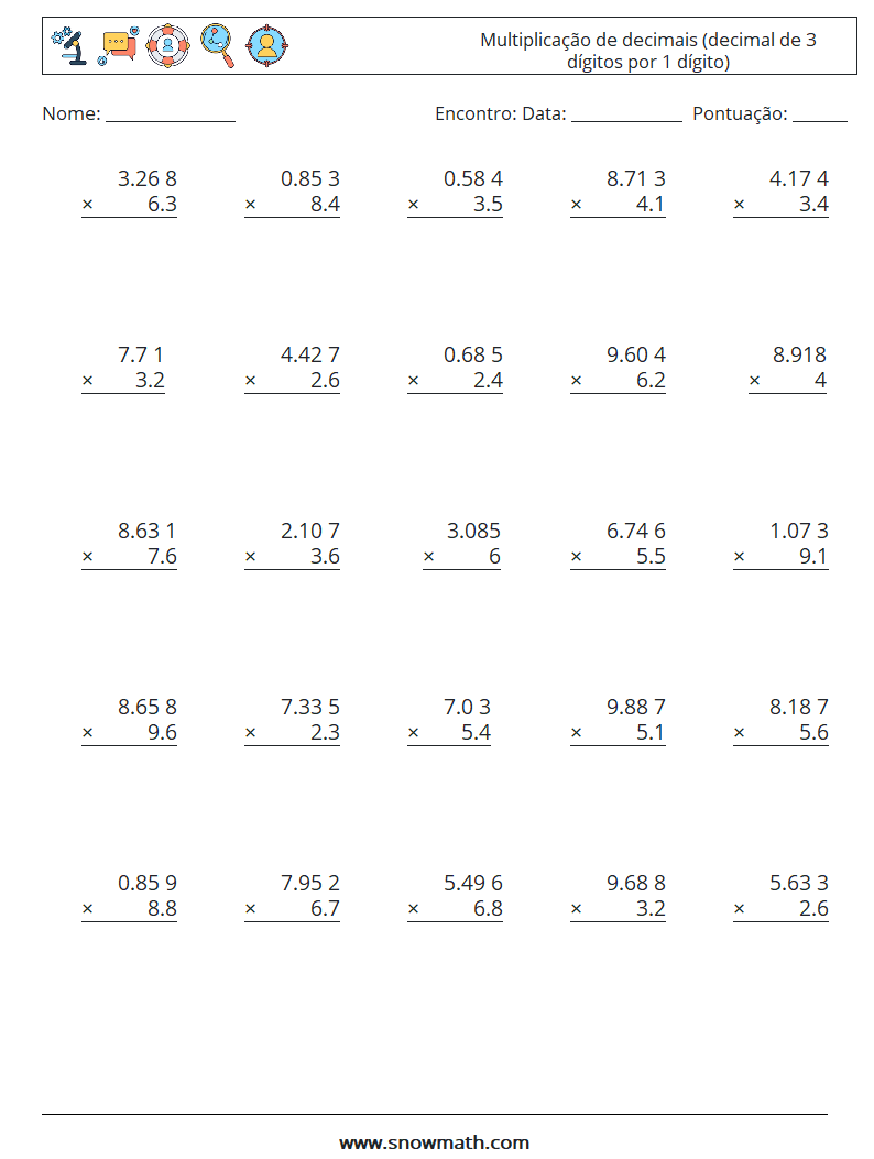 (25) Multiplicação de decimais (decimal de 3 dígitos por 1 dígito) planilhas matemáticas 10
