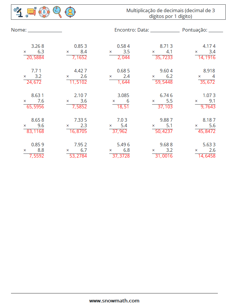 (25) Multiplicação de decimais (decimal de 3 dígitos por 1 dígito) planilhas matemáticas 10 Pergunta, Resposta