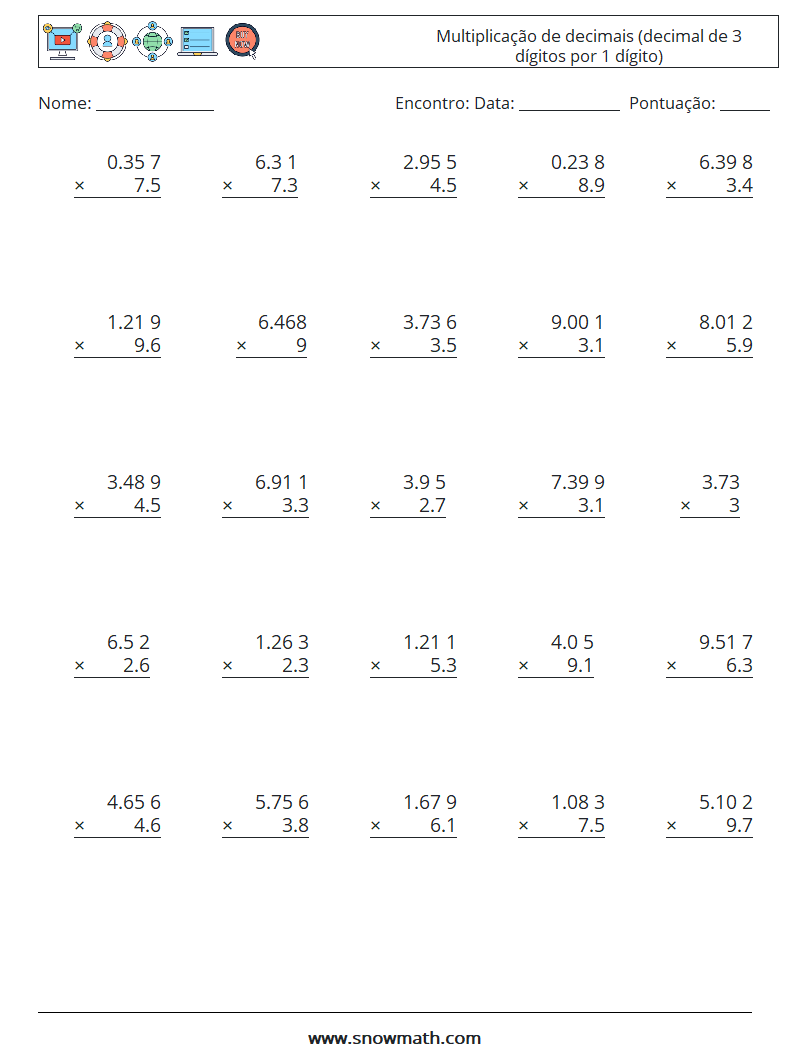 (25) Multiplicação de decimais (decimal de 3 dígitos por 1 dígito) planilhas matemáticas 11