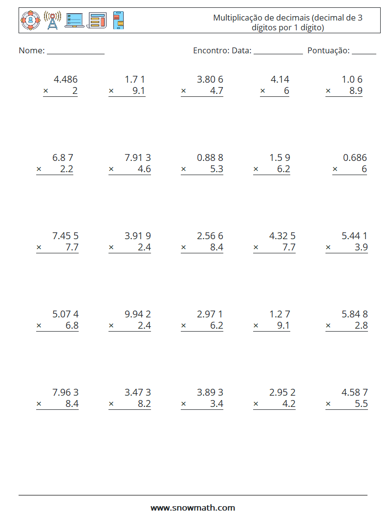 (25) Multiplicação de decimais (decimal de 3 dígitos por 1 dígito) planilhas matemáticas 12