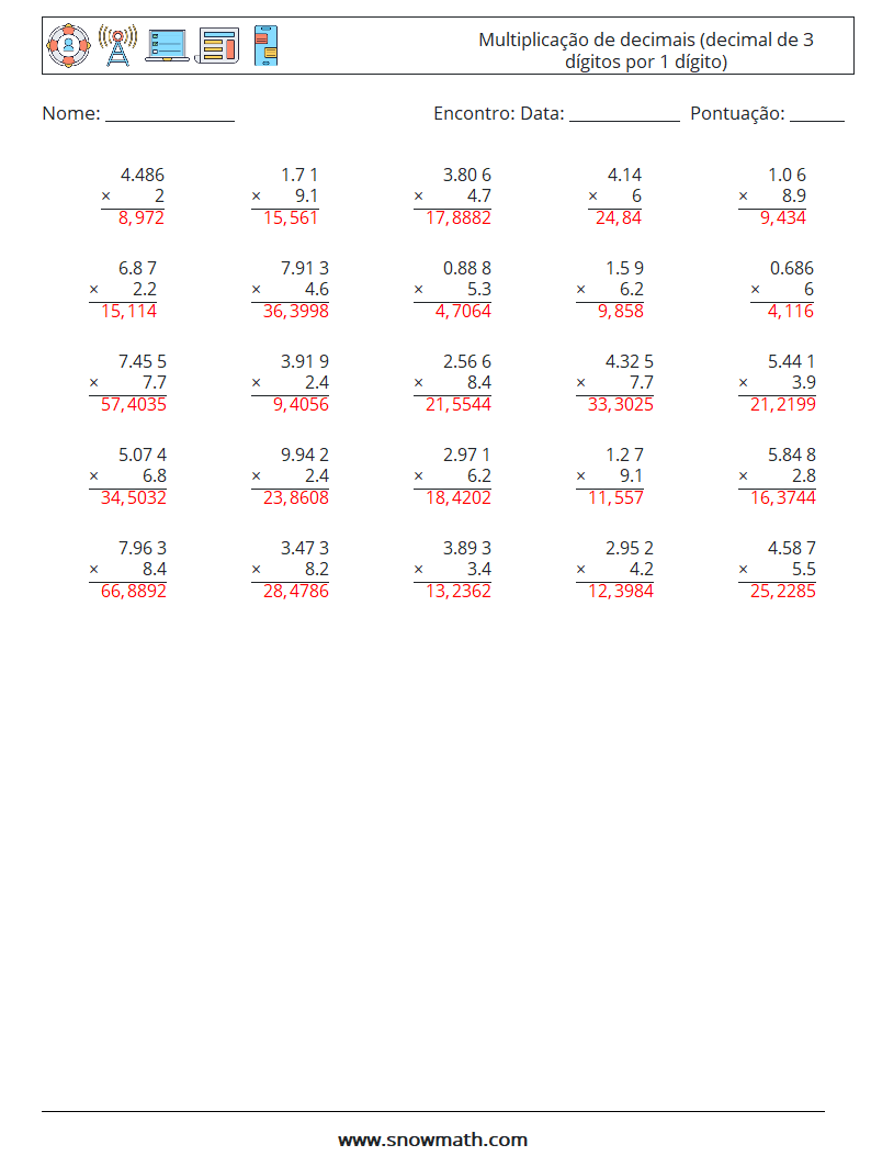 (25) Multiplicação de decimais (decimal de 3 dígitos por 1 dígito) planilhas matemáticas 12 Pergunta, Resposta