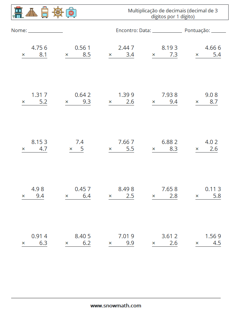 (25) Multiplicação de decimais (decimal de 3 dígitos por 1 dígito) planilhas matemáticas 13