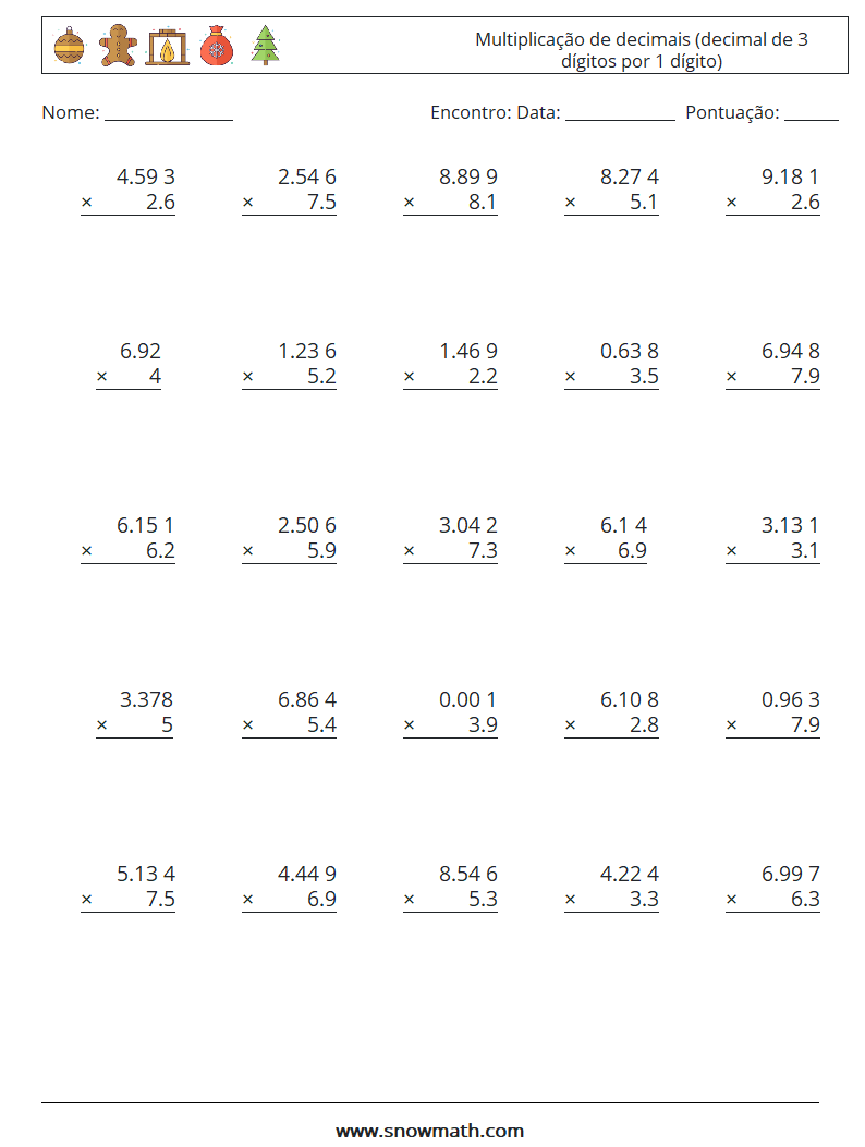 (25) Multiplicação de decimais (decimal de 3 dígitos por 1 dígito) planilhas matemáticas 14