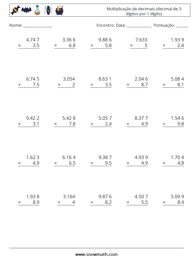 (25) Multiplicação de decimais (decimal de 3 dígitos por 1 dígito) planilhas matemáticas 15