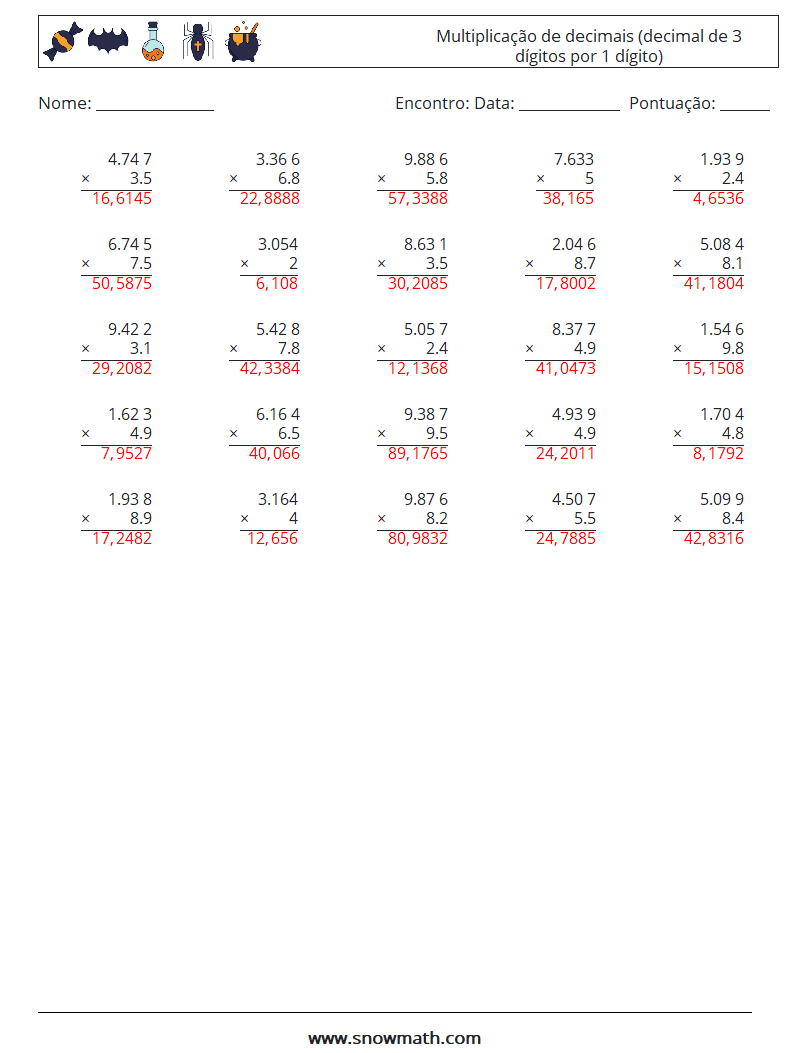 (25) Multiplicação de decimais (decimal de 3 dígitos por 1 dígito) planilhas matemáticas 15 Pergunta, Resposta