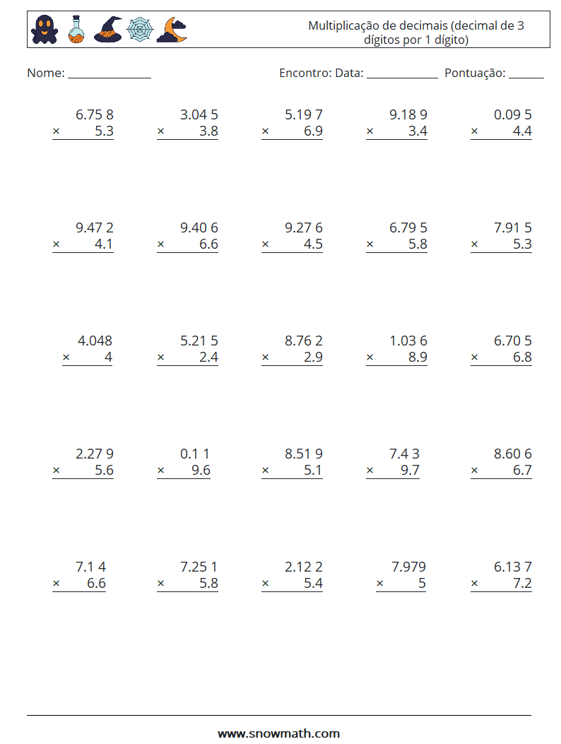 (25) Multiplicação de decimais (decimal de 3 dígitos por 1 dígito) planilhas matemáticas 16