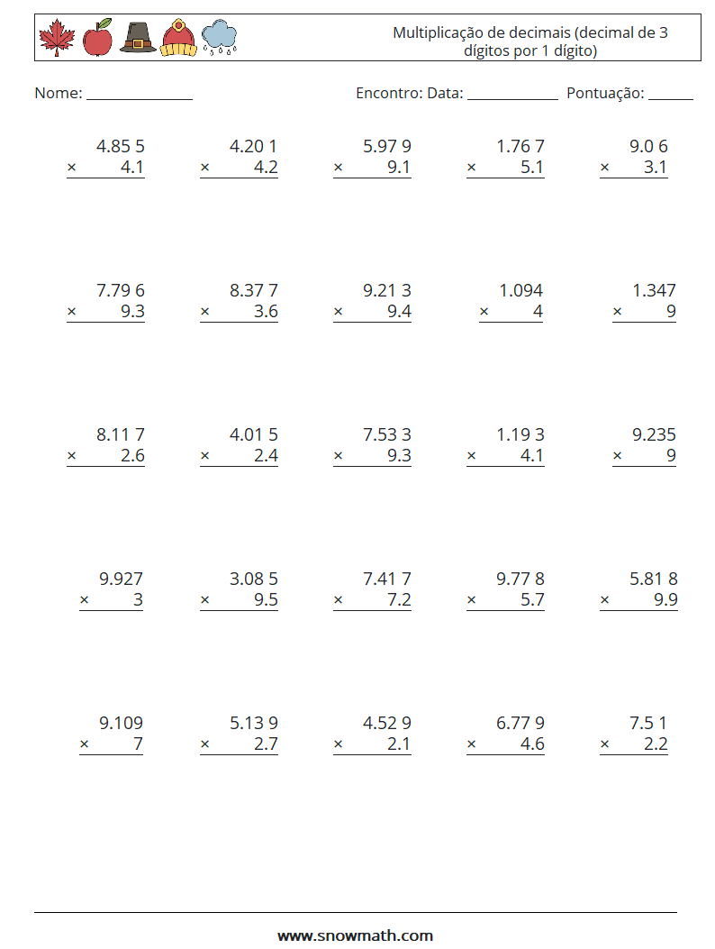 (25) Multiplicação de decimais (decimal de 3 dígitos por 1 dígito) planilhas matemáticas 17