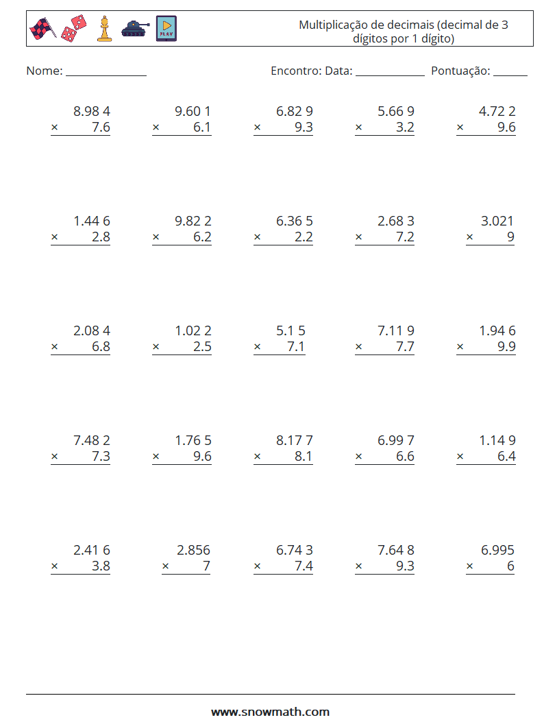 (25) Multiplicação de decimais (decimal de 3 dígitos por 1 dígito) planilhas matemáticas 18
