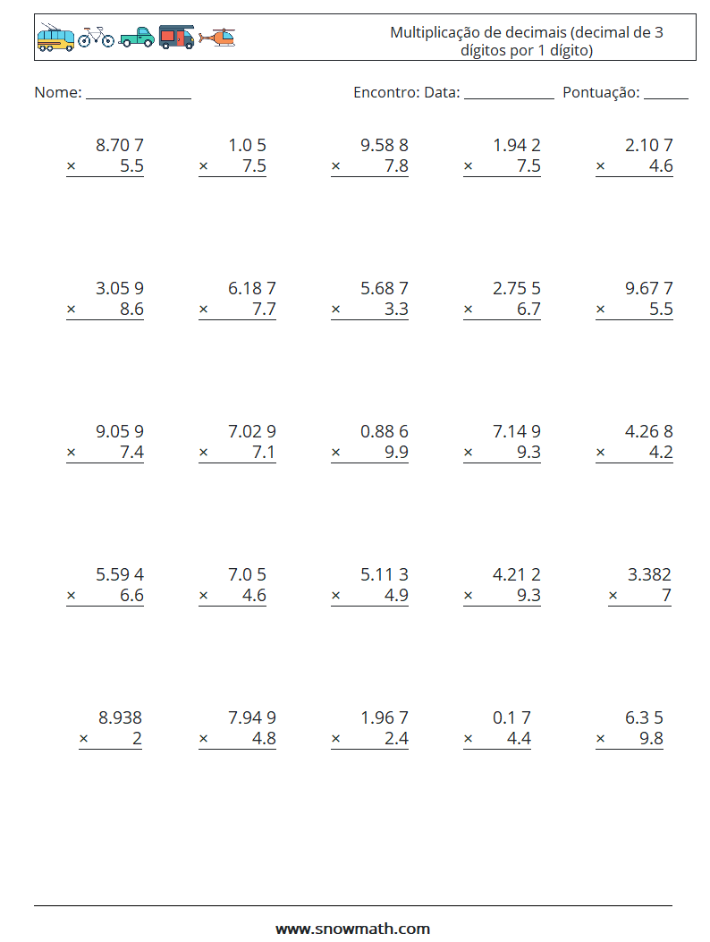 (25) Multiplicação de decimais (decimal de 3 dígitos por 1 dígito) planilhas matemáticas 2