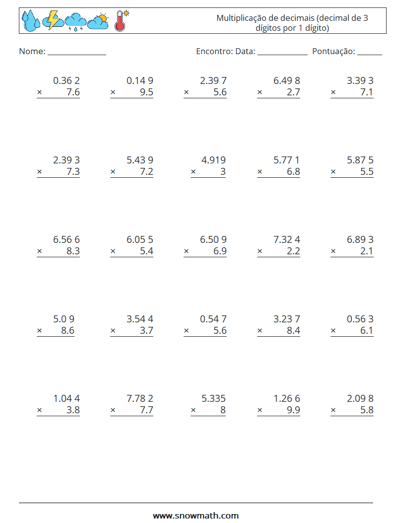 (25) Multiplicação de decimais (decimal de 3 dígitos por 1 dígito) planilhas matemáticas 3